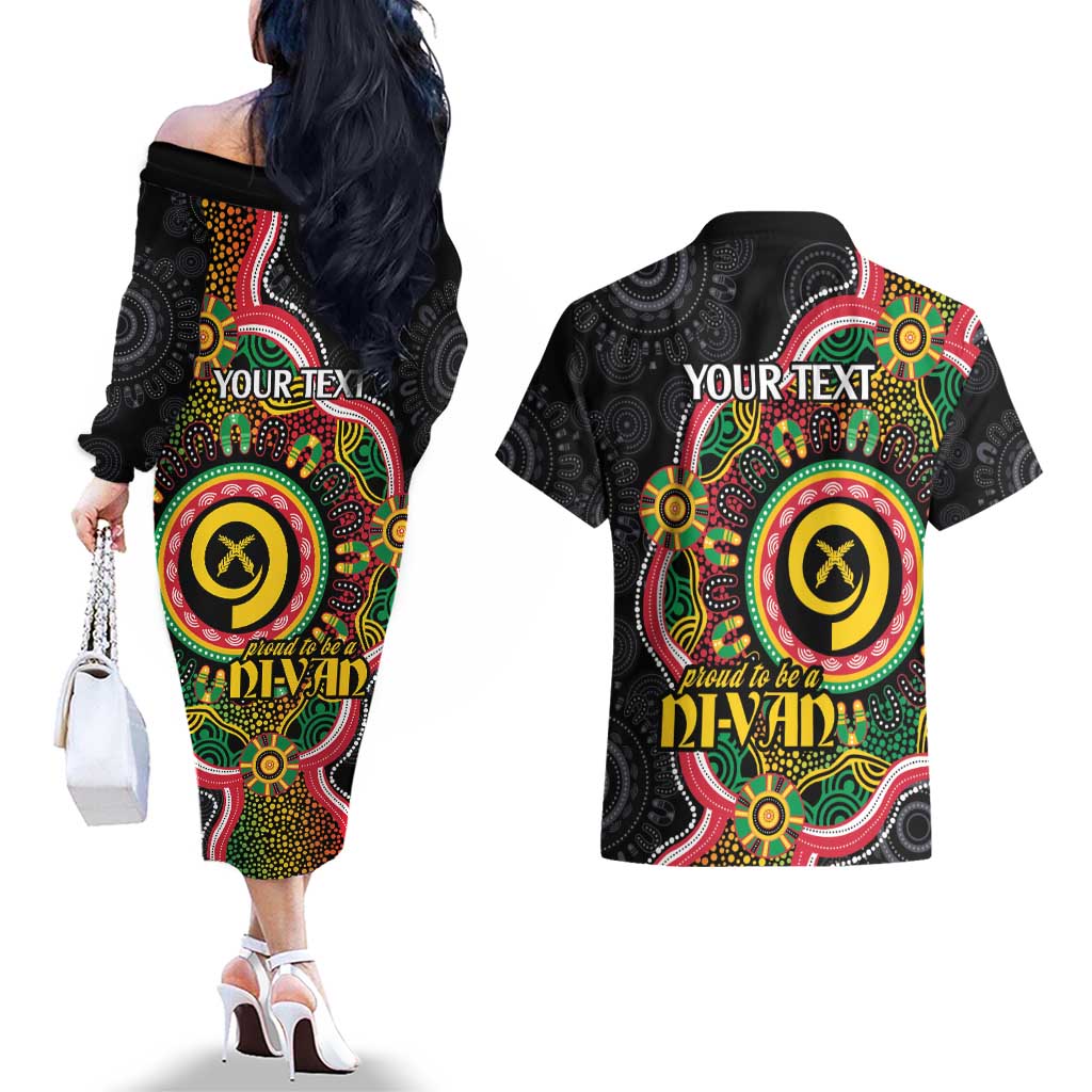 Vanuatu Personalised Couples Matching Off The Shoulder Long Sleeve Dress and Hawaiian Shirt Aboriginal Dot Paitnting LT9 - Polynesian Pride