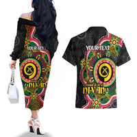 Vanuatu Personalised Couples Matching Off The Shoulder Long Sleeve Dress and Hawaiian Shirt Aboriginal Dot Paitnting LT9 - Polynesian Pride