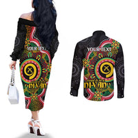 Vanuatu Personalised Couples Matching Off The Shoulder Long Sleeve Dress and Long Sleeve Button Shirt Aboriginal Dot Paitnting LT9 - Polynesian Pride