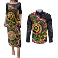 Vanuatu Personalised Couples Matching Puletasi and Long Sleeve Button Shirt Aboriginal Dot Paitnting LT9 Black - Polynesian Pride