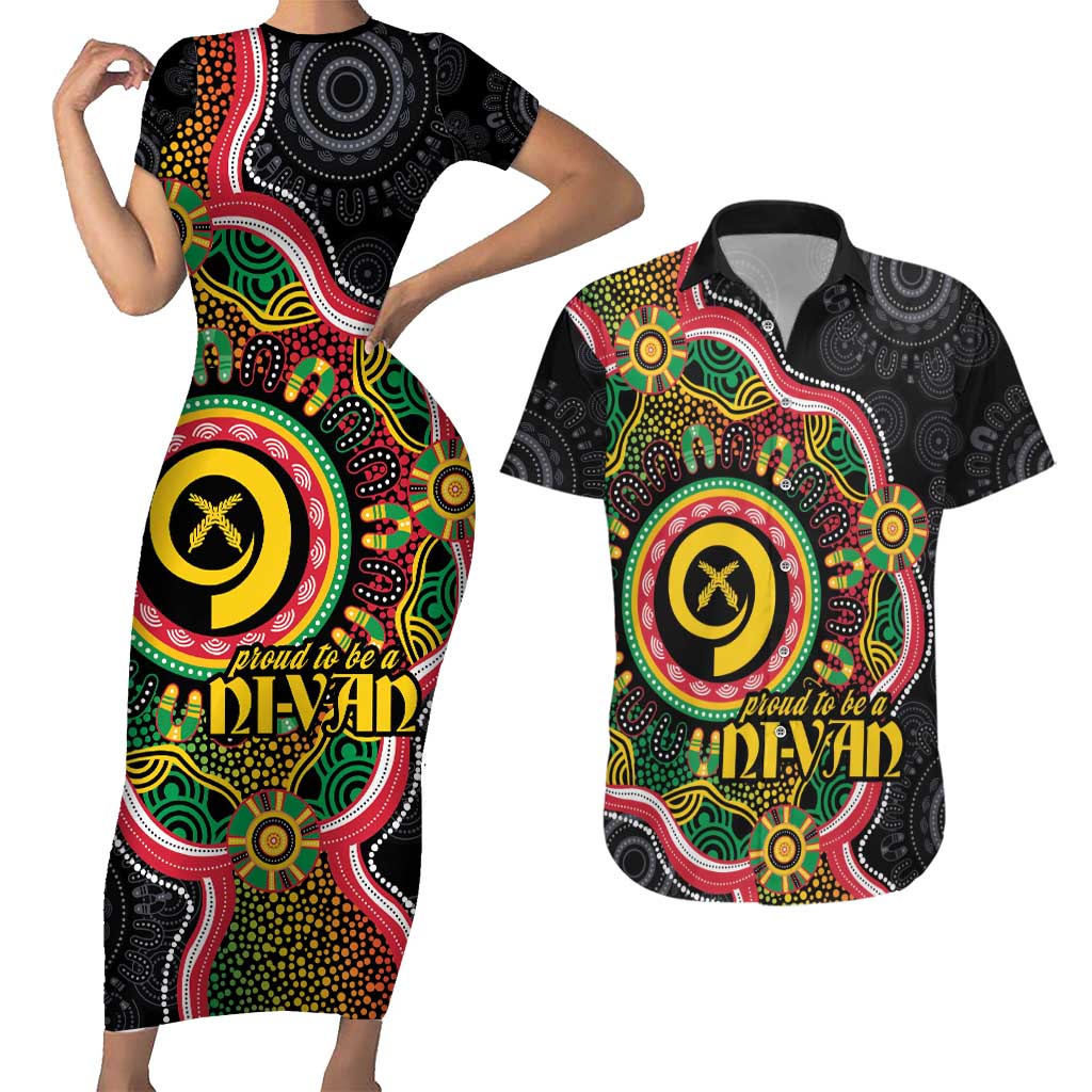Vanuatu Personalised Couples Matching Short Sleeve Bodycon Dress and Hawaiian Shirt Aboriginal Dot Paitnting LT9 Black - Polynesian Pride