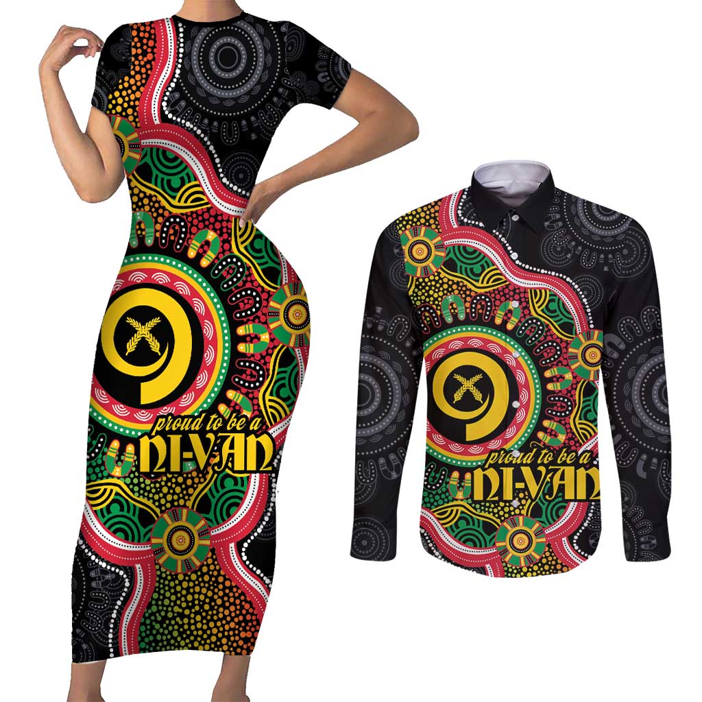 Vanuatu Personalised Couples Matching Short Sleeve Bodycon Dress and Long Sleeve Button Shirt Aboriginal Dot Paitnting LT9 Black - Polynesian Pride