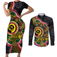 Vanuatu Personalised Couples Matching Short Sleeve Bodycon Dress and Long Sleeve Button Shirt Aboriginal Dot Paitnting LT9 Black - Polynesian Pride