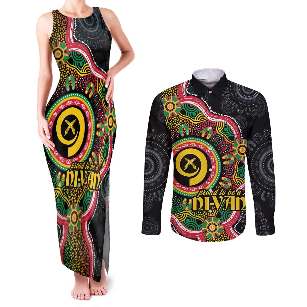 Vanuatu Personalised Couples Matching Tank Maxi Dress and Long Sleeve Button Shirt Aboriginal Dot Paitnting LT9 Black - Polynesian Pride