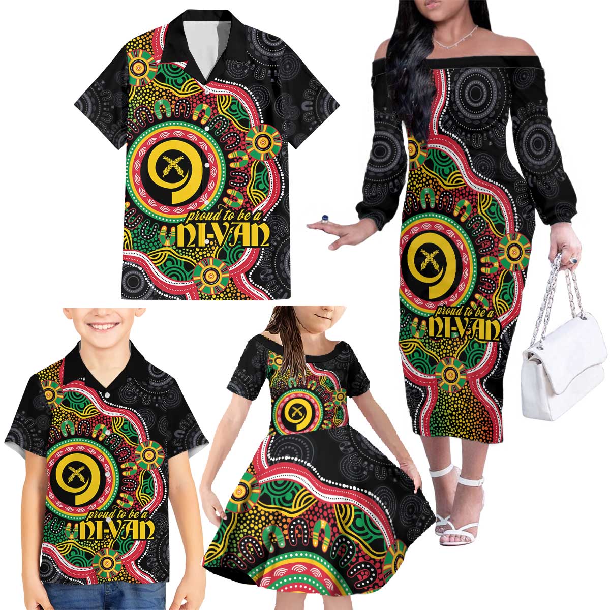 Vanuatu Personalised Family Matching Off The Shoulder Long Sleeve Dress and Hawaiian Shirt Aboriginal Dot Paitnting LT9 - Polynesian Pride