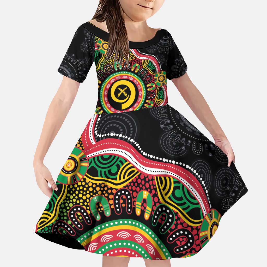 Vanuatu Personalised Family Matching Off Shoulder Maxi Dress and Hawaiian Shirt Aboriginal Dot Paitnting LT9 Daughter's Dress Black - Polynesian Pride