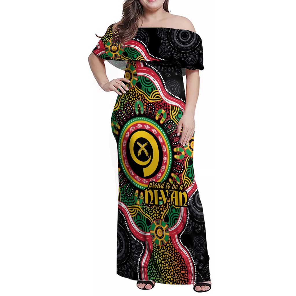 Vanuatu Personalised Family Matching Off Shoulder Maxi Dress and Hawaiian Shirt Aboriginal Dot Paitnting LT9 Mom's Dress Black - Polynesian Pride