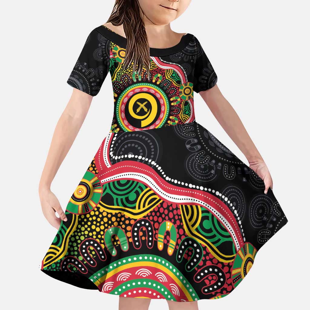 Vanuatu Personalised Family Matching Puletasi and Hawaiian Shirt Aboriginal Dot Paitnting LT9 Daughter's Dress Black - Polynesian Pride