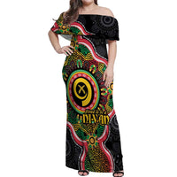 Vanuatu Personalised Off Shoulder Maxi Dress Aboriginal Dot Paitnting LT9 Women Black - Polynesian Pride