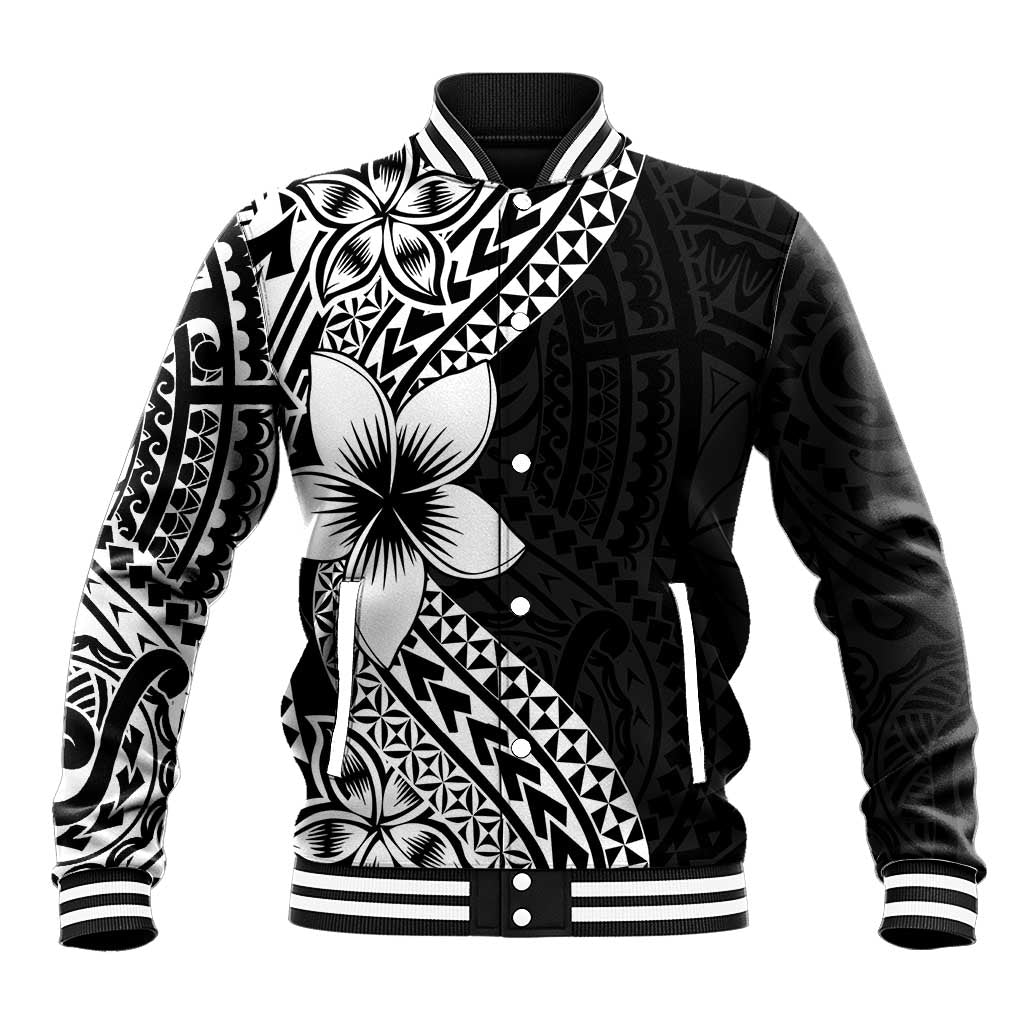 Lotu Tamaiti White Sunday Baseball Jacket Pacific Plumeria Flowers - Black Version LT9 Unisex Black - Polynesian Pride