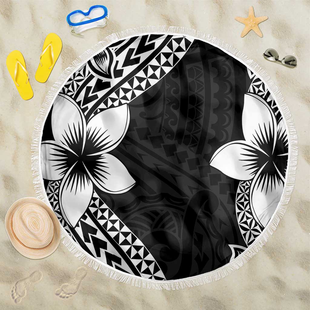 Lotu Tamaiti White Sunday Beach Blanket Pacific Plumeria Flowers - Black Version