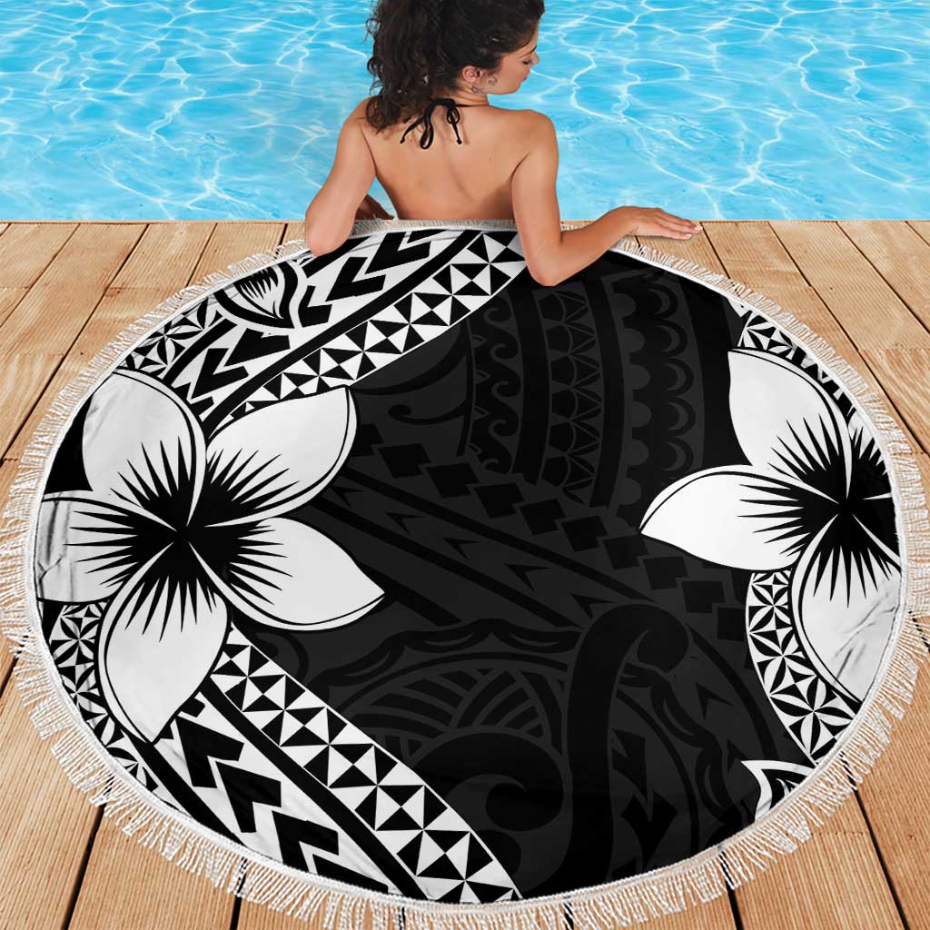 Lotu Tamaiti White Sunday Beach Blanket Pacific Plumeria Flowers - Black Version LT9 - Polynesian Pride