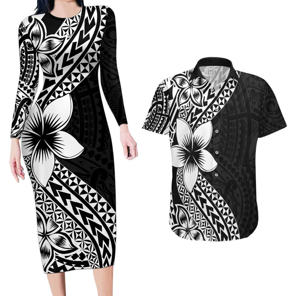 Lotu Tamaiti White Sunday Couples Matching Long Sleeve Bodycon Dress and Hawaiian Shirt Pacific Plumeria Flowers - Black Version