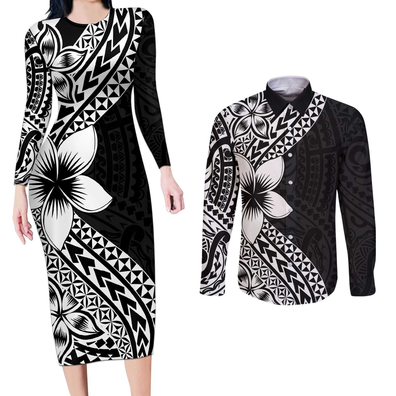 Lotu Tamaiti White Sunday Couples Matching Long Sleeve Bodycon Dress and Long Sleeve Button Shirt Pacific Plumeria Flowers - Black Version LT9 Black - Polynesian Pride