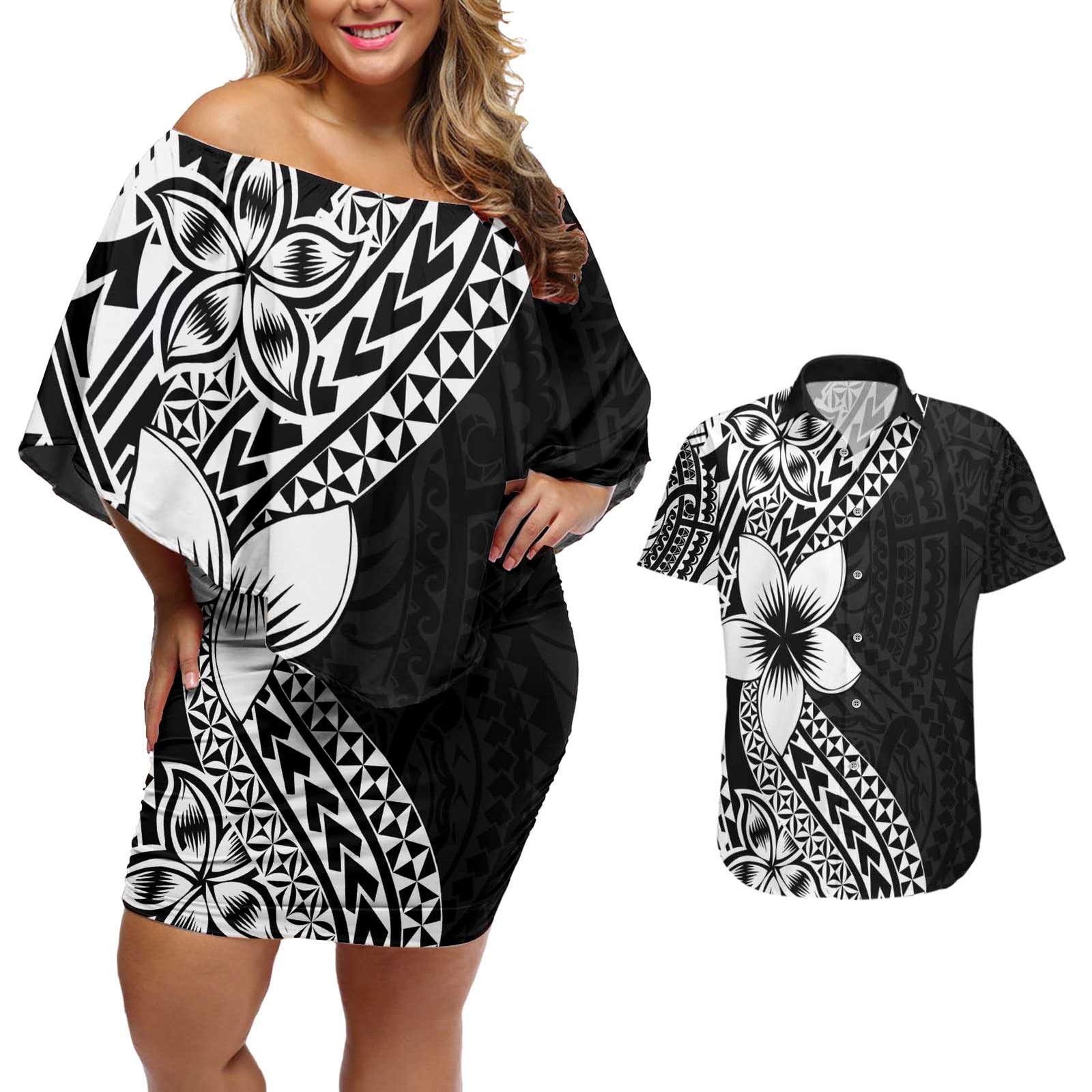 Lotu Tamaiti White Sunday Couples Matching Off Shoulder Short Dress and Hawaiian Shirt Pacific Plumeria Flowers - Black Version LT9 Black - Polynesian Pride