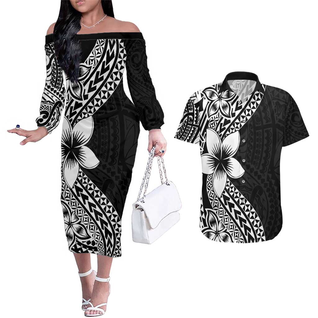 Lotu Tamaiti White Sunday Couples Matching Off The Shoulder Long Sleeve Dress and Hawaiian Shirt Pacific Plumeria Flowers - Black Version LT9 Black - Polynesian Pride