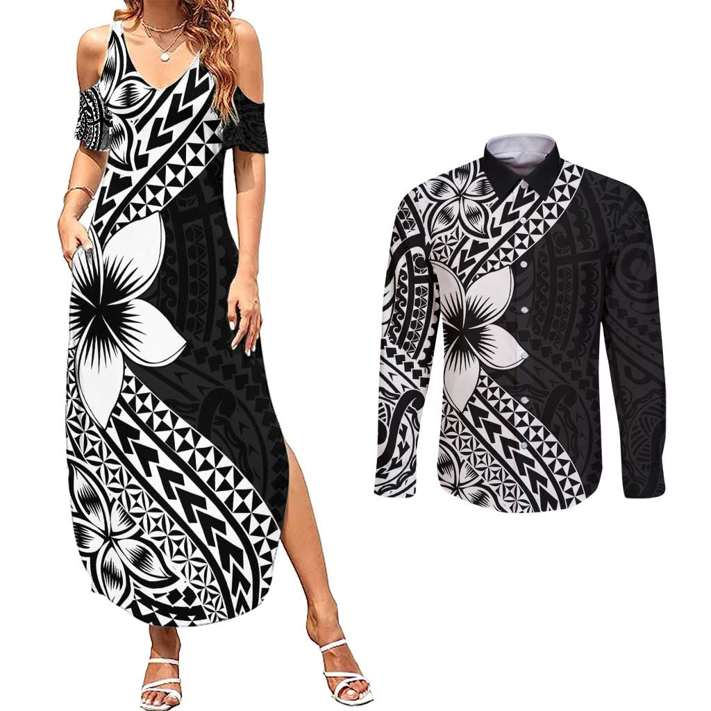 Lotu Tamaiti White Sunday Couples Matching Summer Maxi Dress and Long Sleeve Button Shirt Pacific Plumeria Flowers - Black Version LT9 Black - Polynesian Pride