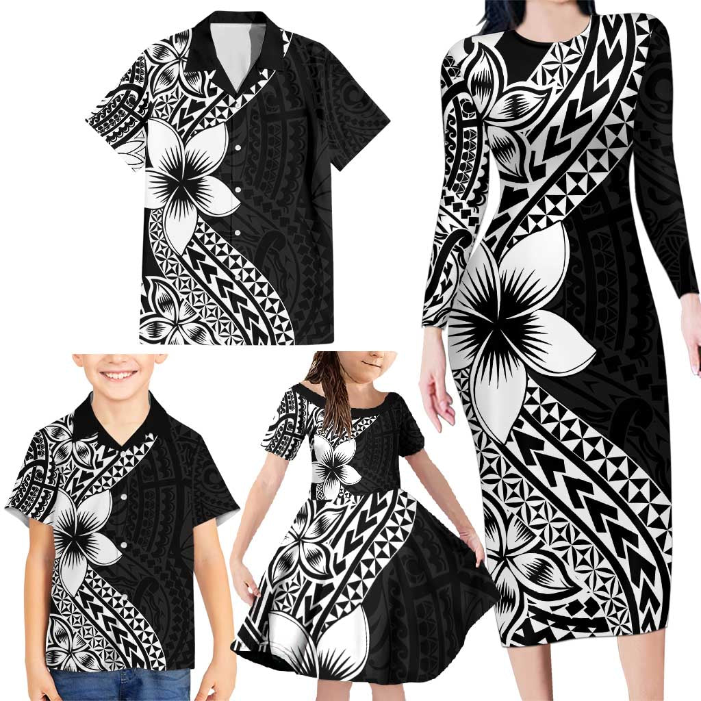 Lotu Tamaiti White Sunday Family Matching Long Sleeve Bodycon Dress and Hawaiian Shirt Pacific Plumeria Flowers - Black Version LT9 - Polynesian Pride