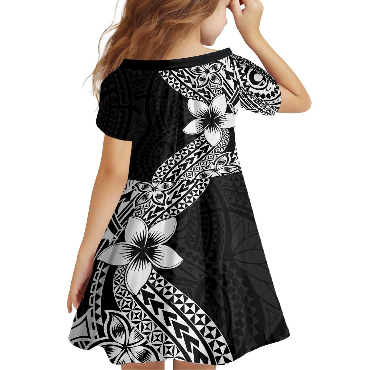 Lotu Tamaiti White Sunday Family Matching Off The Shoulder Long Sleeve Dress and Hawaiian Shirt Pacific Plumeria Flowers - Black Version LT9 - Polynesian Pride