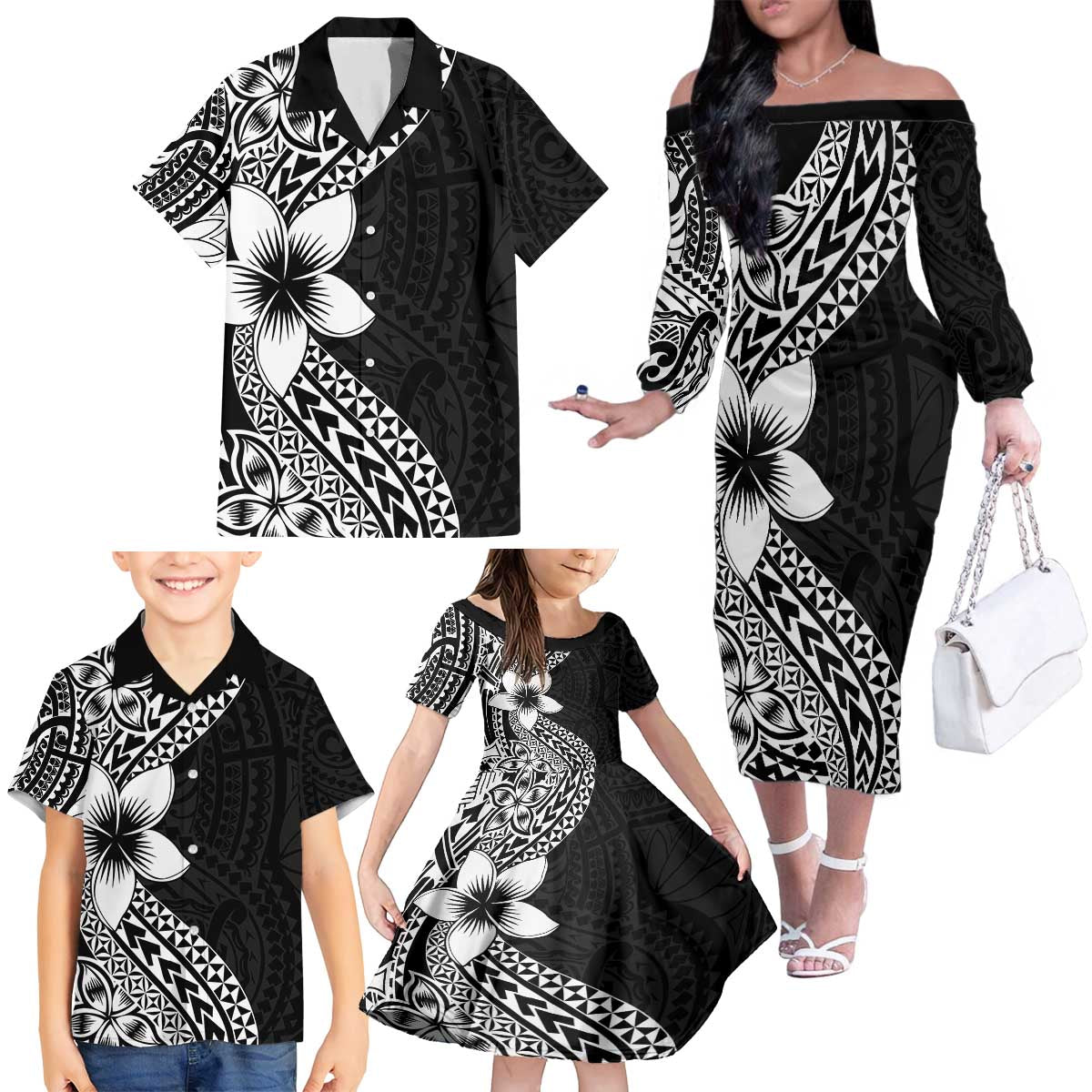 Lotu Tamaiti White Sunday Family Matching Off The Shoulder Long Sleeve Dress and Hawaiian Shirt Pacific Plumeria Flowers - Black Version LT9 - Polynesian Pride