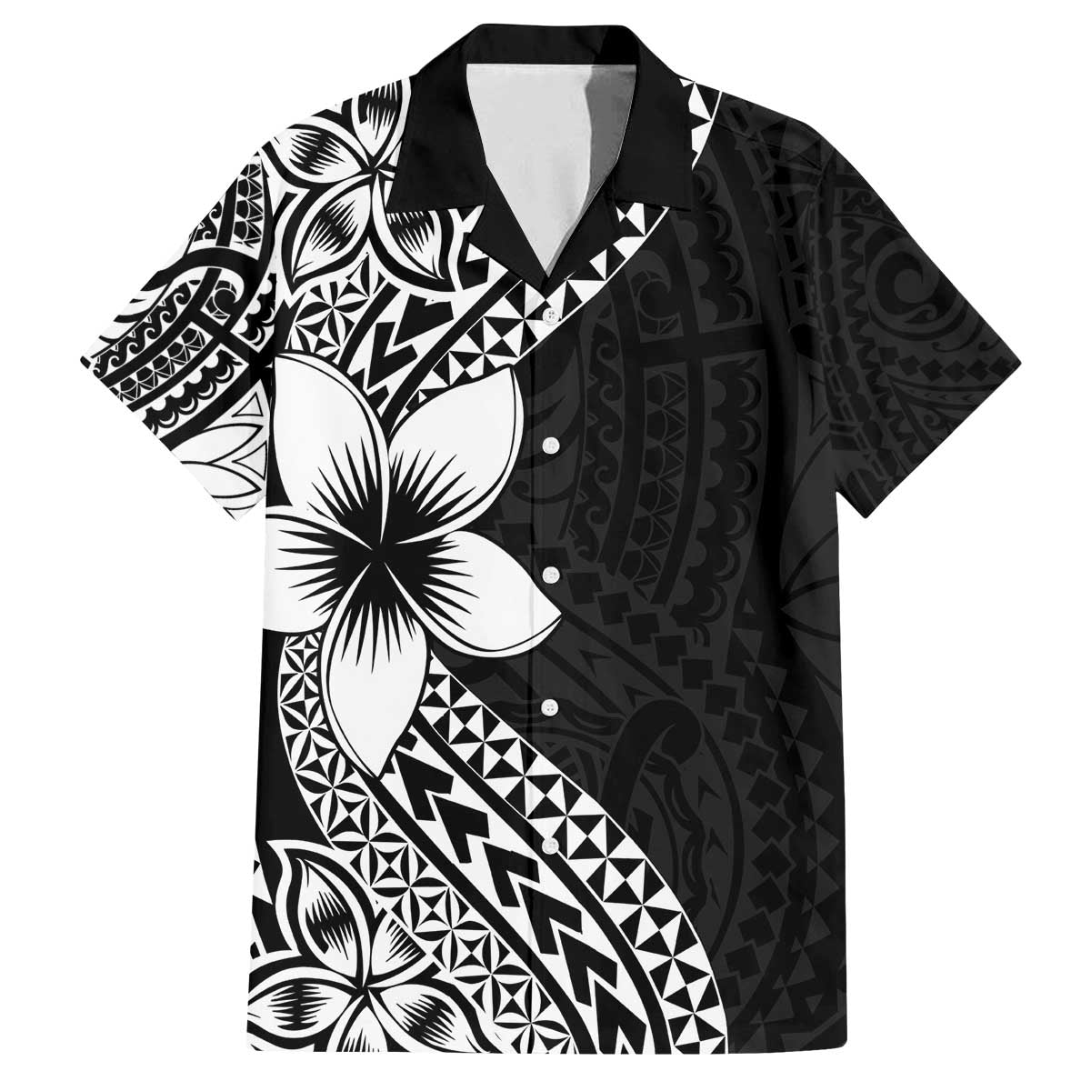 Lotu Tamaiti White Sunday Family Matching Off The Shoulder Long Sleeve Dress and Hawaiian Shirt Pacific Plumeria Flowers - Black Version LT9 Dad's Shirt - Short Sleeve Black - Polynesian Pride