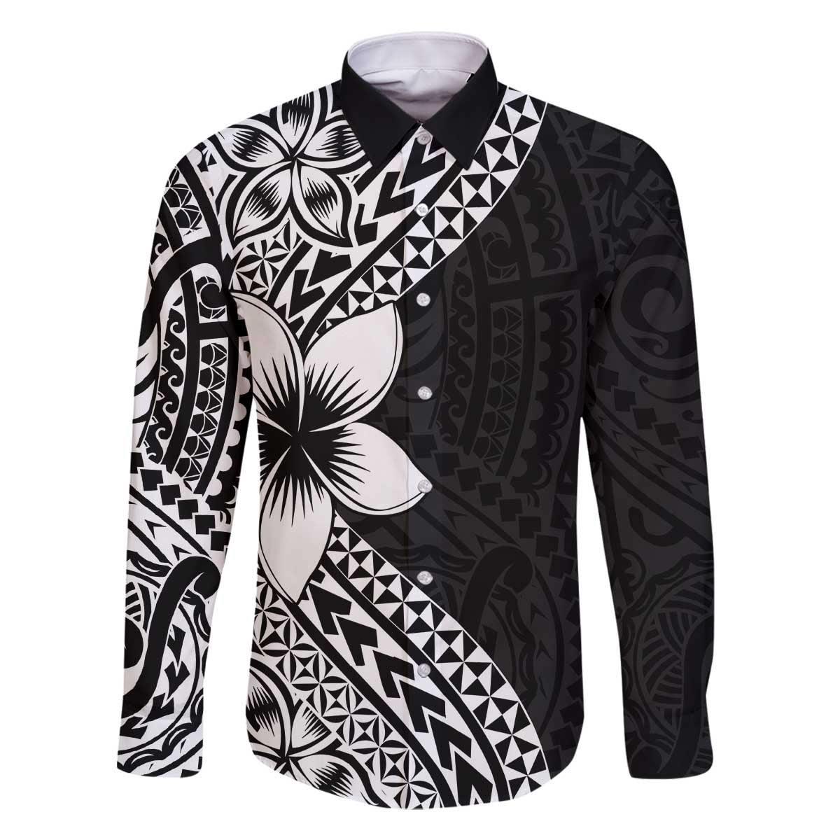 Lotu Tamaiti White Sunday Family Matching Off The Shoulder Long Sleeve Dress and Hawaiian Shirt Pacific Plumeria Flowers - Black Version LT9 Dad's Shirt - Long Sleeve Black - Polynesian Pride