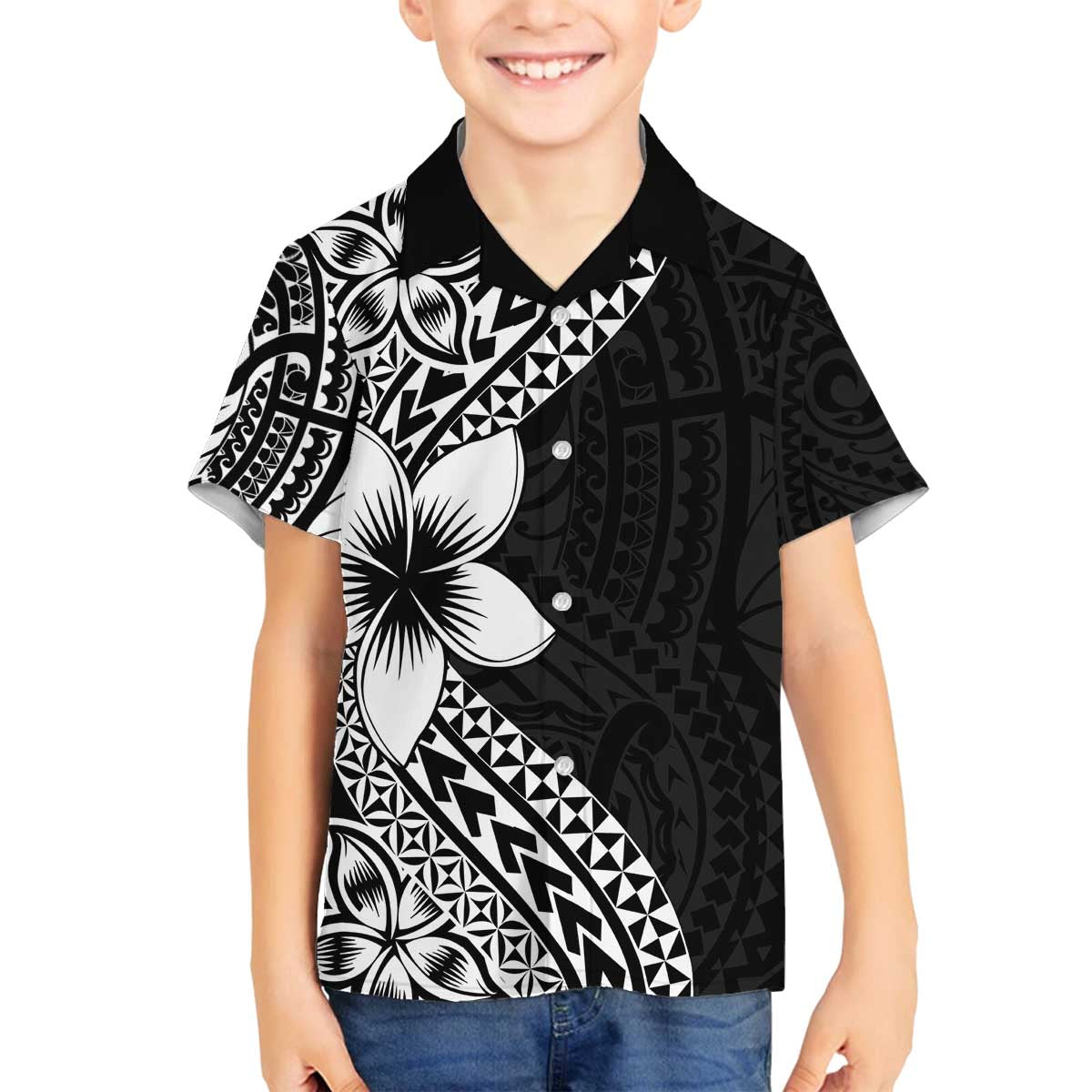 Lotu Tamaiti White Sunday Family Matching Off The Shoulder Long Sleeve Dress and Hawaiian Shirt Pacific Plumeria Flowers - Black Version LT9 Son's Shirt Black - Polynesian Pride