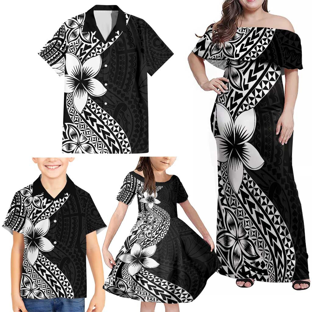 Lotu Tamaiti White Sunday Family Matching Off Shoulder Maxi Dress and Hawaiian Shirt Pacific Plumeria Flowers - Black Version LT9 - Polynesian Pride