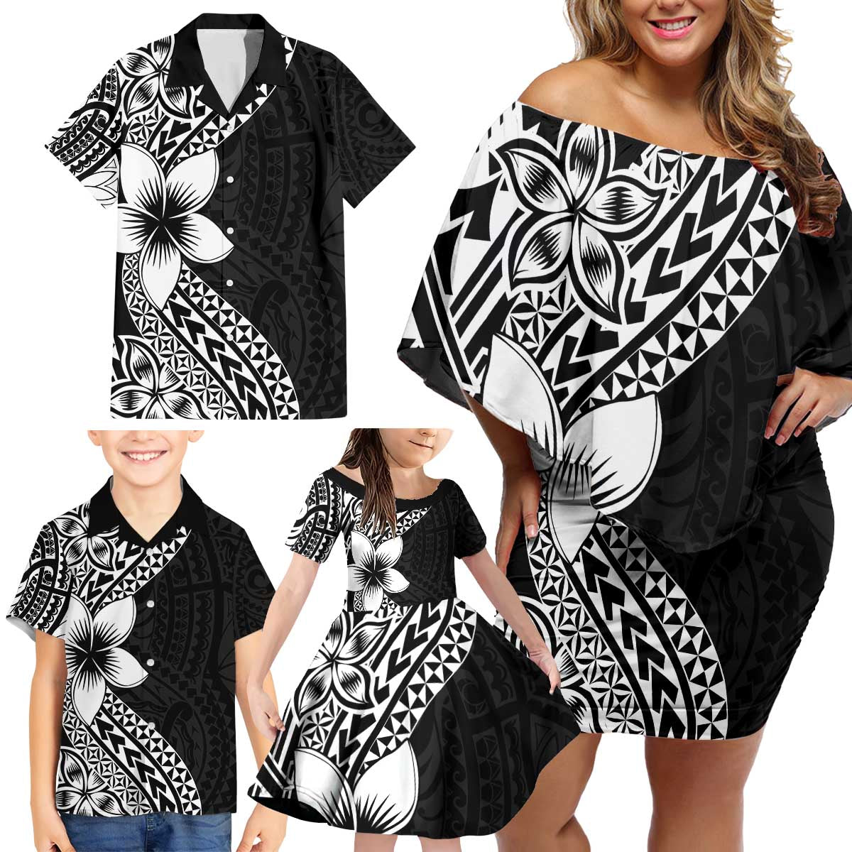 Lotu Tamaiti White Sunday Family Matching Off Shoulder Short Dress and Hawaiian Shirt Pacific Plumeria Flowers - Black Version LT9 - Polynesian Pride
