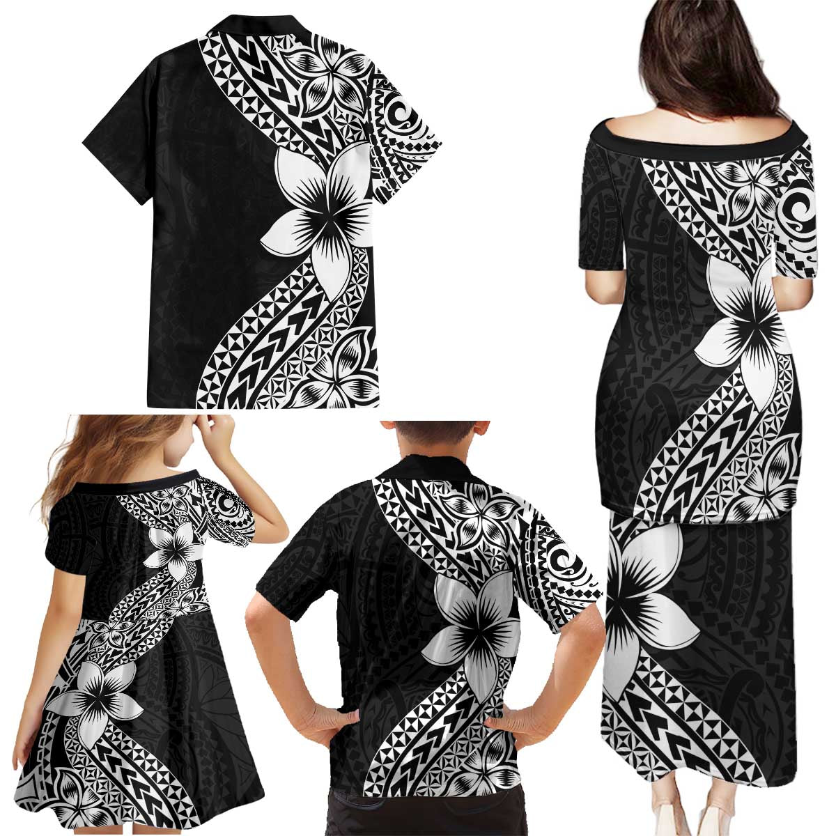 Lotu Tamaiti White Sunday Family Matching Puletasi and Hawaiian Shirt Pacific Plumeria Flowers - Black Version
