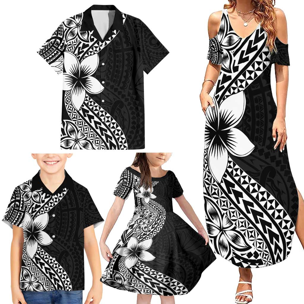 Lotu Tamaiti White Sunday Family Matching Summer Maxi Dress and Hawaiian Shirt Pacific Plumeria Flowers - Black Version LT9 - Polynesian Pride