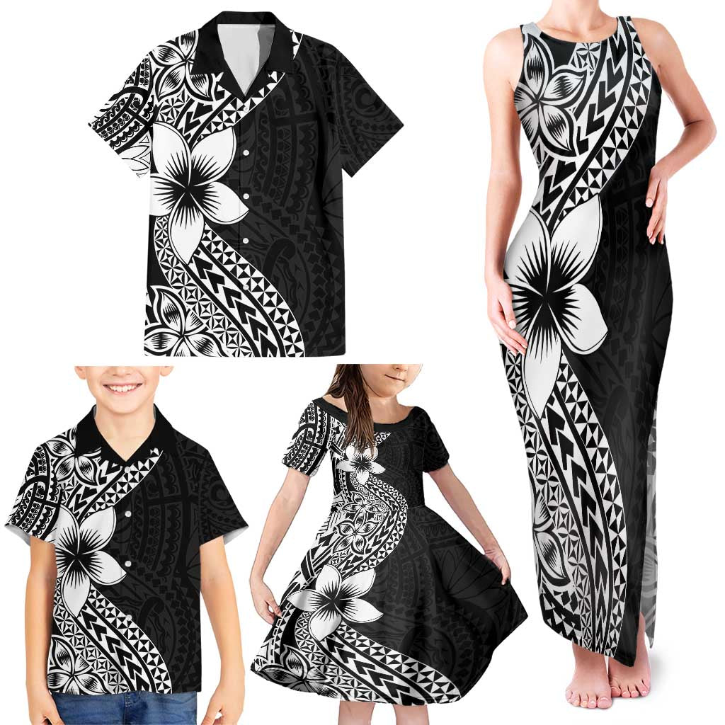 Lotu Tamaiti White Sunday Family Matching Tank Maxi Dress and Hawaiian Shirt Pacific Plumeria Flowers - Black Version LT9 - Polynesian Pride