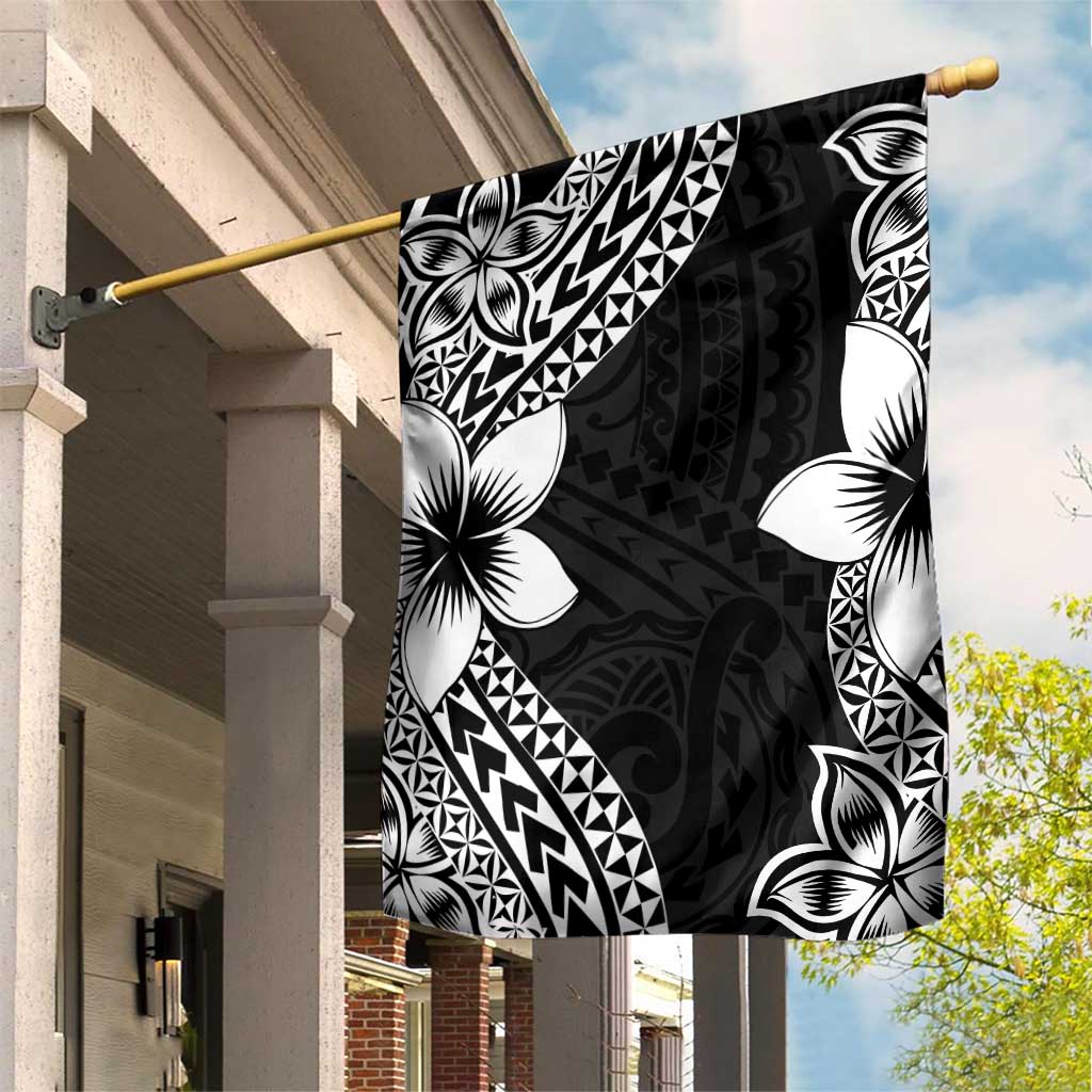 Lotu Tamaiti White Sunday Garden Flag Pacific Plumeria Flowers - Black Version LT9 House Flag Black - Polynesian Pride
