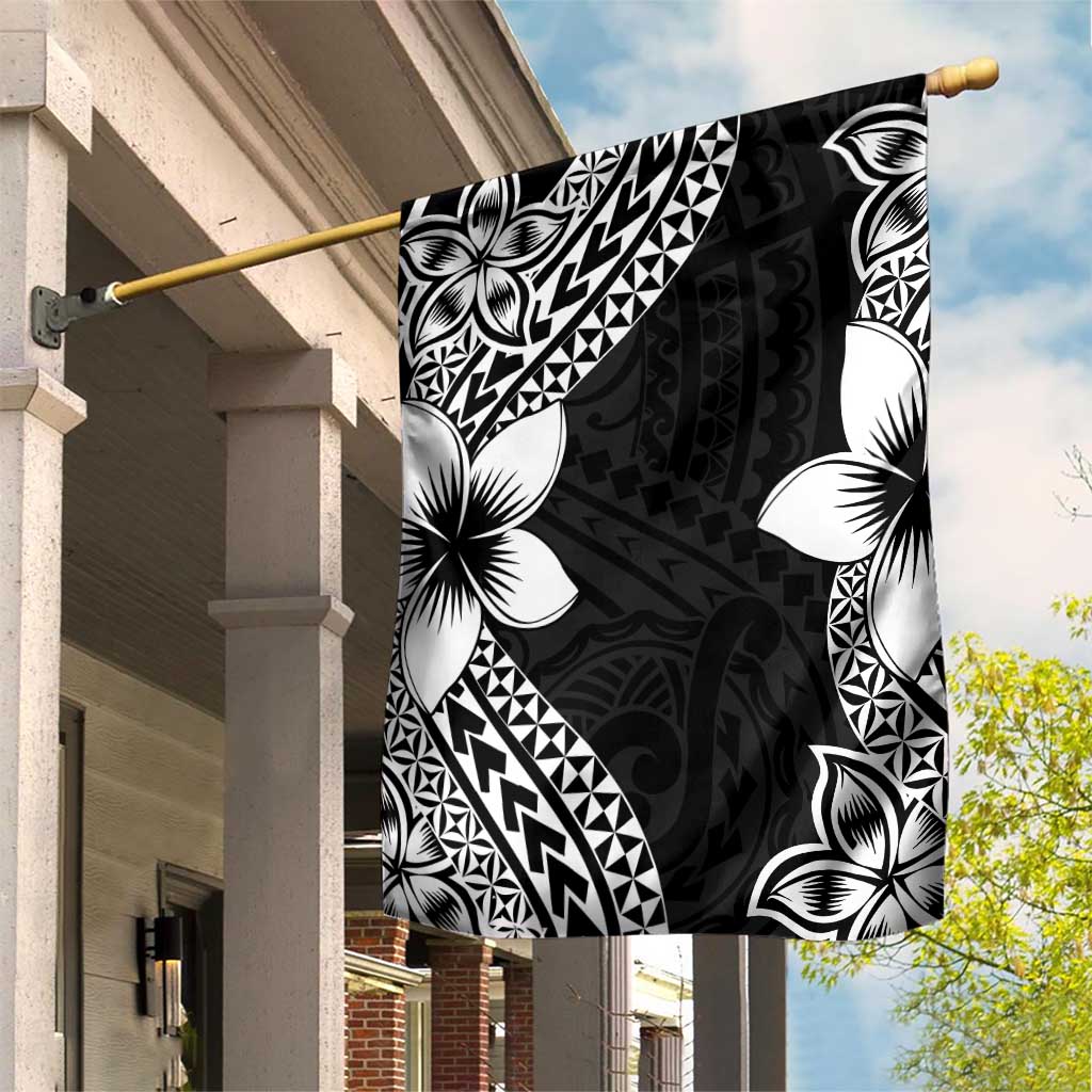 Lotu Tamaiti White Sunday Garden Flag Pacific Plumeria Flowers - Black Version