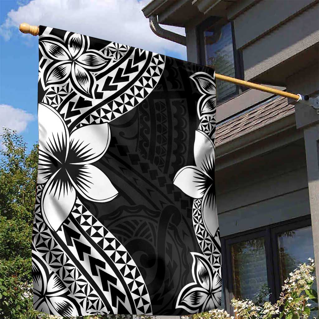 Lotu Tamaiti White Sunday Garden Flag Pacific Plumeria Flowers - Black Version LT9 - Polynesian Pride