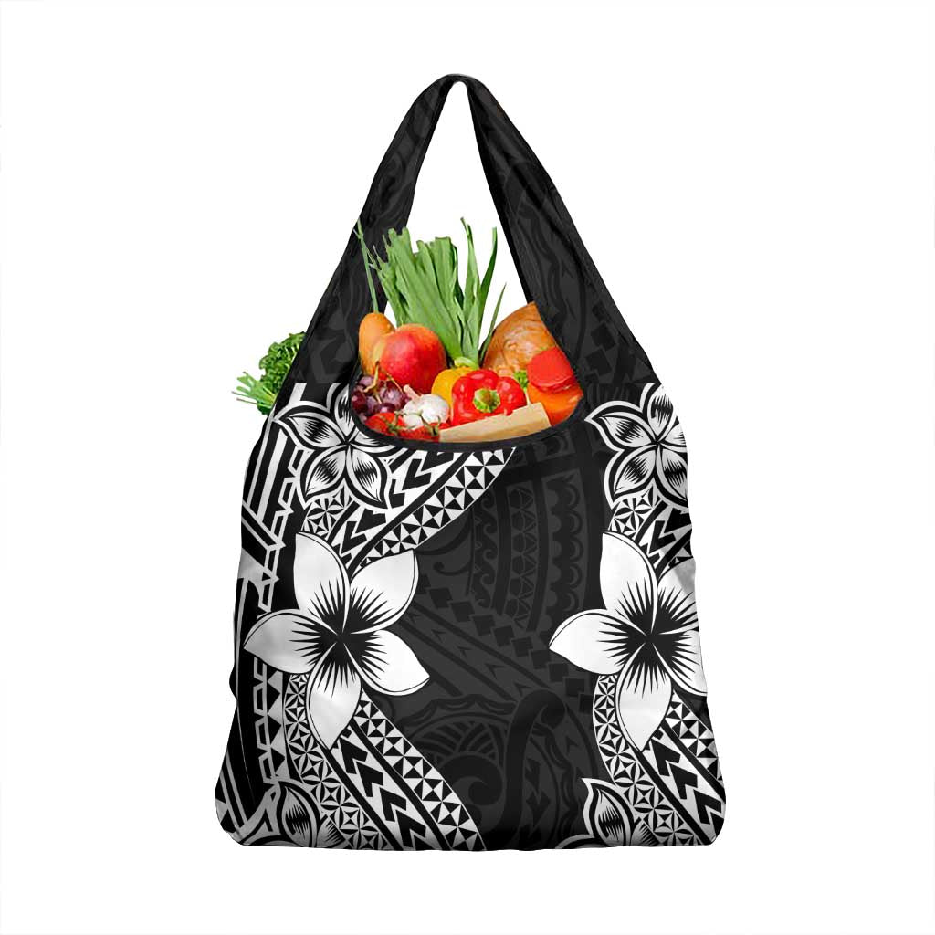 Lotu Tamaiti White Sunday Grocery Bag Pacific Plumeria Flowers - Black Version LT9 1-pack One Size Black - Polynesian Pride