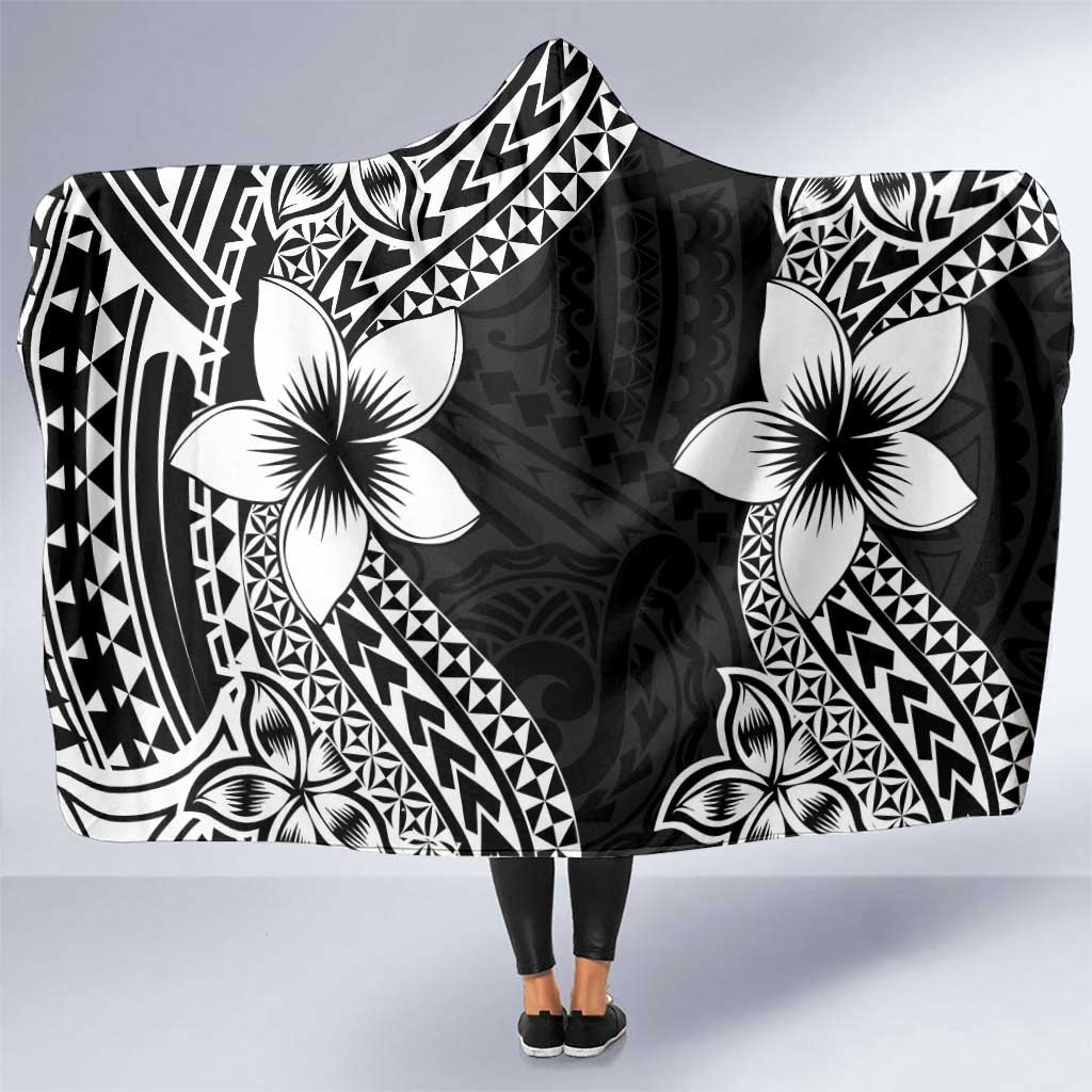 Lotu Tamaiti White Sunday Hooded Blanket Pacific Plumeria Flowers - Black Version LT9 One Size Black - Polynesian Pride
