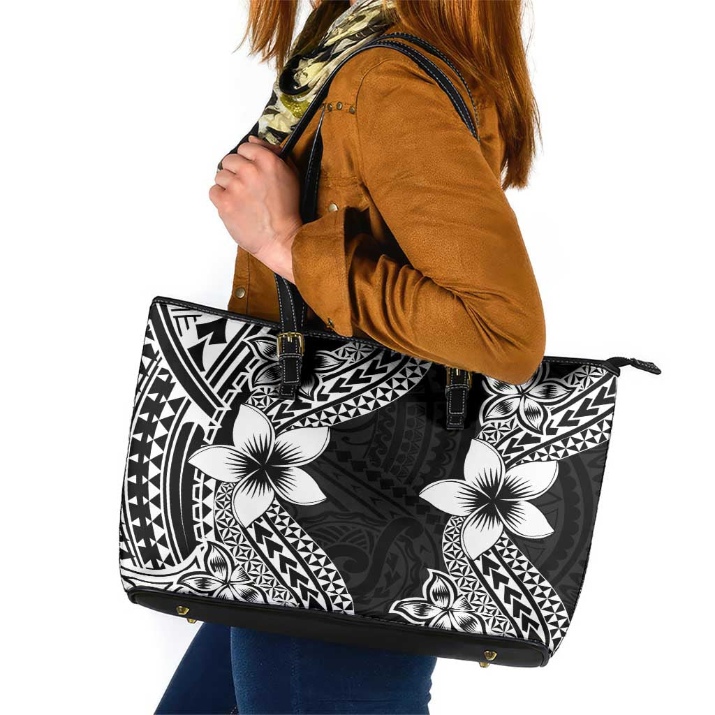 Lotu Tamaiti White Sunday Leather Tote Bag Pacific Plumeria Flowers - Black Version LT9 Black - Polynesian Pride