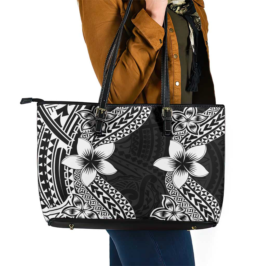 Lotu Tamaiti White Sunday Leather Tote Bag Pacific Plumeria Flowers - Black Version LT9 - Polynesian Pride