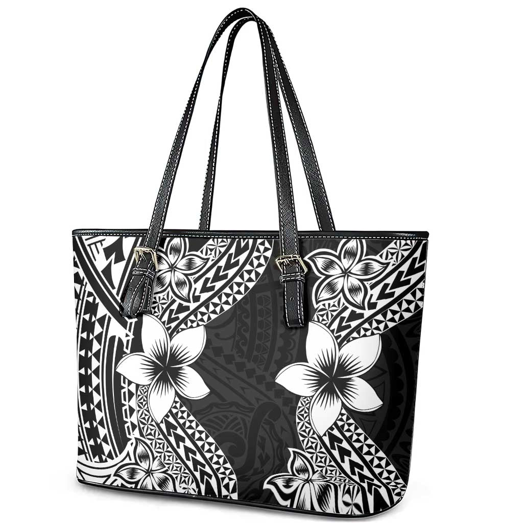 Lotu Tamaiti White Sunday Leather Tote Bag Pacific Plumeria Flowers - Black Version LT9 - Polynesian Pride