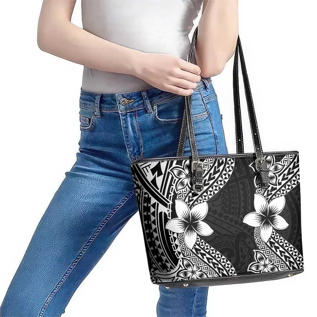 Lotu Tamaiti White Sunday Leather Tote Bag Pacific Plumeria Flowers - Black Version LT9 - Polynesian Pride