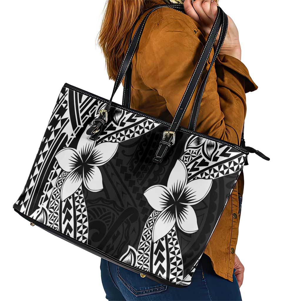 Lotu Tamaiti White Sunday Leather Tote Bag Pacific Plumeria Flowers - Black Version LT9 - Polynesian Pride