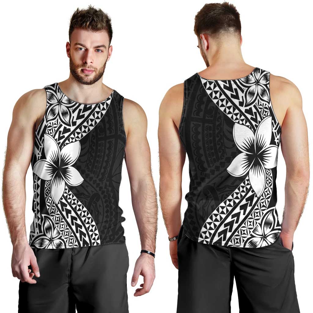 Lotu Tamaiti White Sunday Men Tank Top Pacific Plumeria Flowers - Black Version LT9 - Polynesian Pride