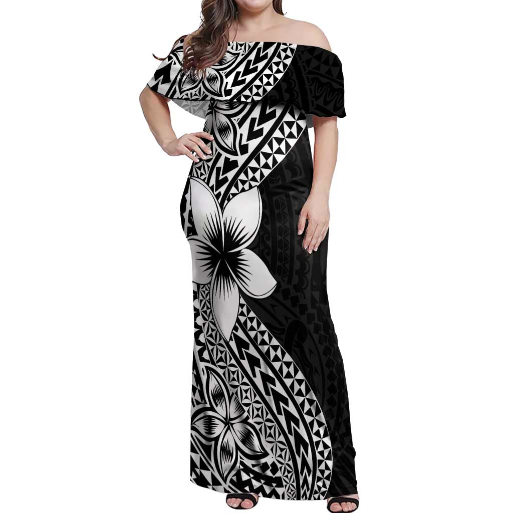 Lotu Tamaiti White Sunday Off Shoulder Maxi Dress Pacific Plumeria Flowers - Black Version LT9 Women Black - Polynesian Pride