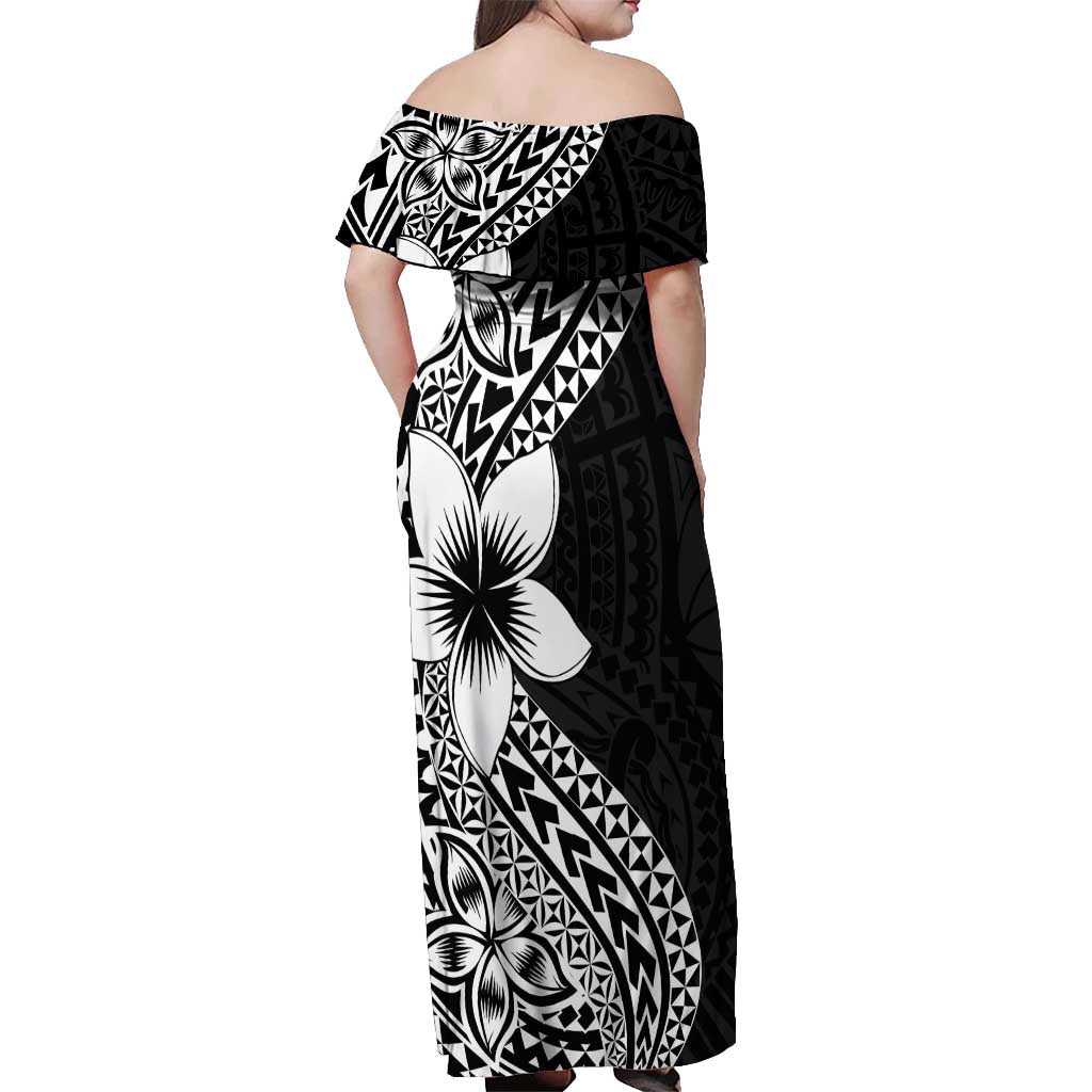 Lotu Tamaiti White Sunday Off Shoulder Maxi Dress Pacific Plumeria Flowers - Black Version LT9 - Polynesian Pride