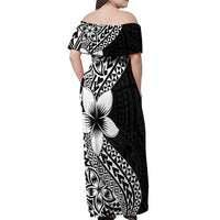Lotu Tamaiti White Sunday Off Shoulder Maxi Dress Pacific Plumeria Flowers - Black Version LT9 - Polynesian Pride