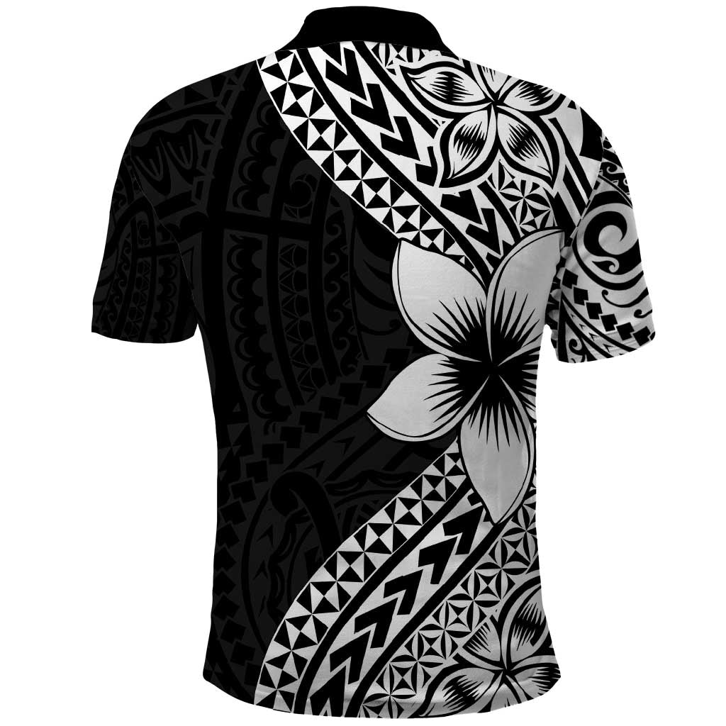 Lotu Tamaiti White Sunday Polo Shirt Pacific Plumeria Flowers - Black Version