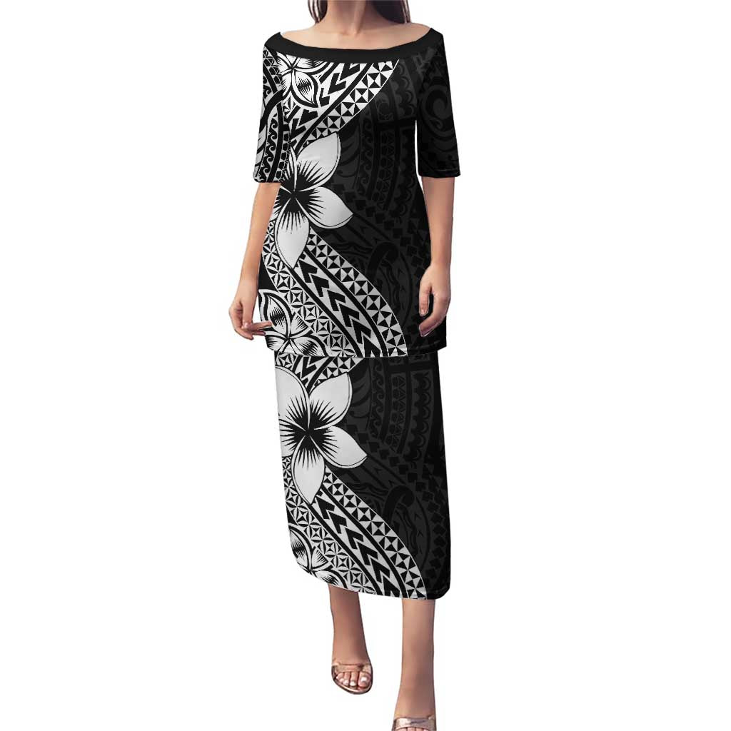 Lotu Tamaiti White Sunday Puletasi Pacific Plumeria Flowers - Black Version LT9 Long Dress Black - Polynesian Pride