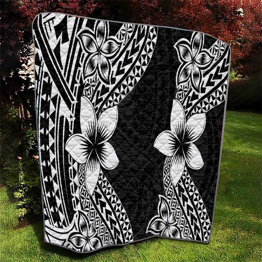 Lotu Tamaiti White Sunday Quilt Pacific Plumeria Flowers - Black Version