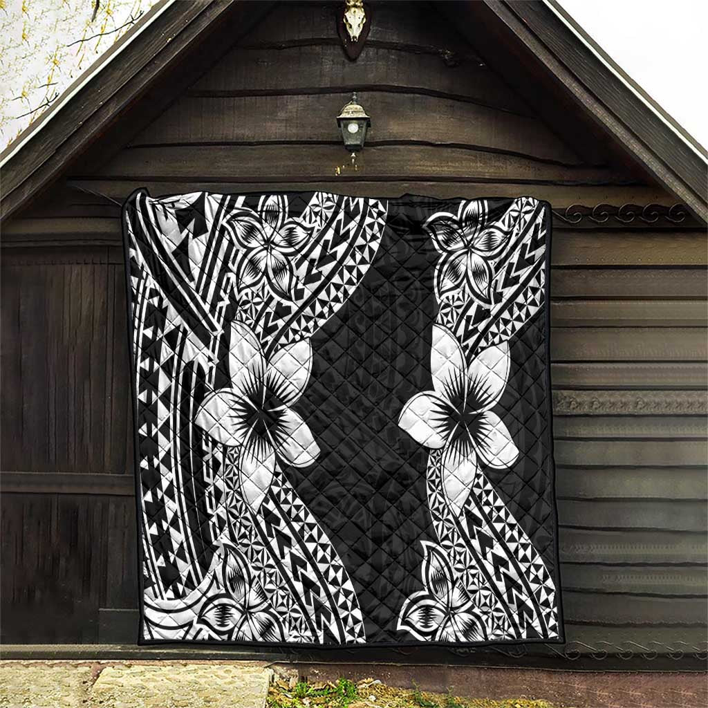 Lotu Tamaiti White Sunday Quilt Pacific Plumeria Flowers - Black Version